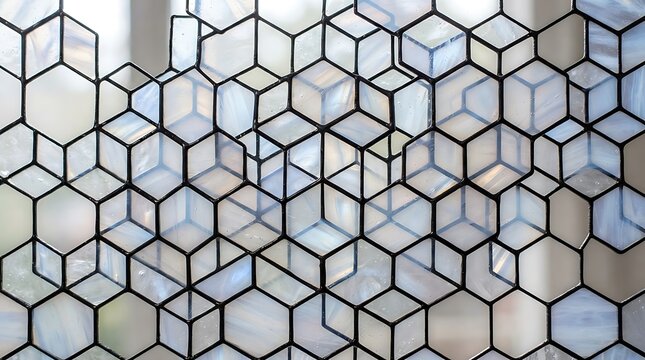 Close up of a stained glass window featuring a repeating hexagonal cube pattern with translucent white and light blue glass segments and lines