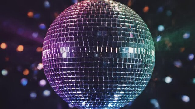 Sparkling disco ball rotating with colorful light beams and bokeh effects during a vibrant party celebration