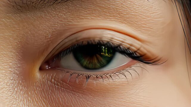 Macro view of a beautiful hazel human eye with long lashes and detailed skin texture