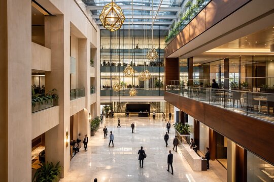 Multi Level Glass Office Atrium With Brass Pendant Lights And Marble Floor