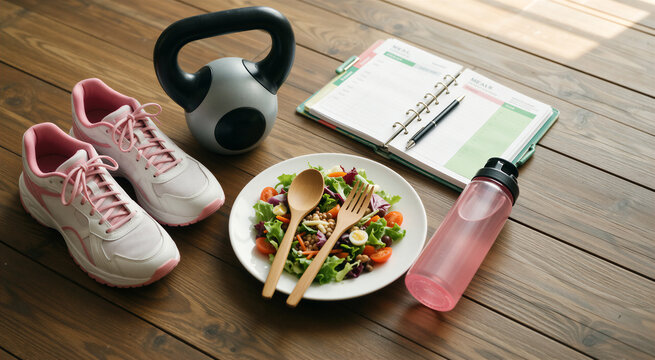 Healthy wellness and fitness scene featuring workout gear, nutritious food, and meal planning on a wooden surface.