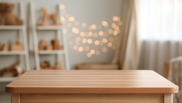Empty Wooden Table in a Cozy Room with Fairy Lights.