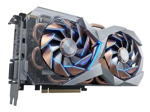 Modern computer graphics card with glowing blue LED cooling system fans