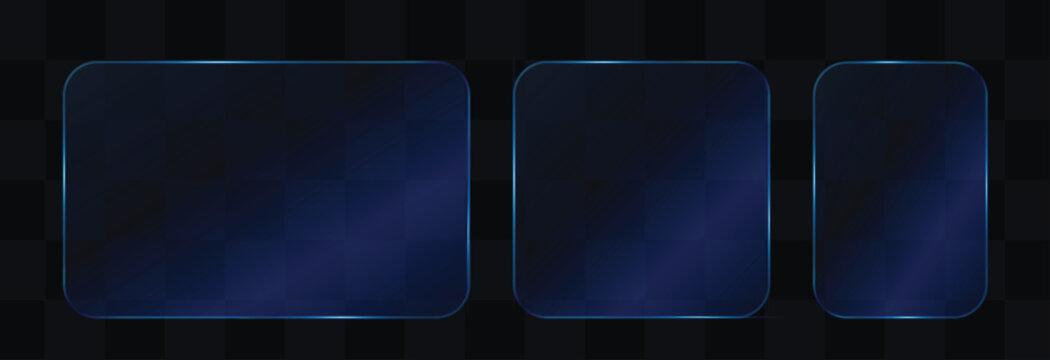 Blue glassmorphism UI cards set, glowing transparent frosted glass panels, futuristic interface banner layout, modern tech website component template, abstract digital graphic vector.
