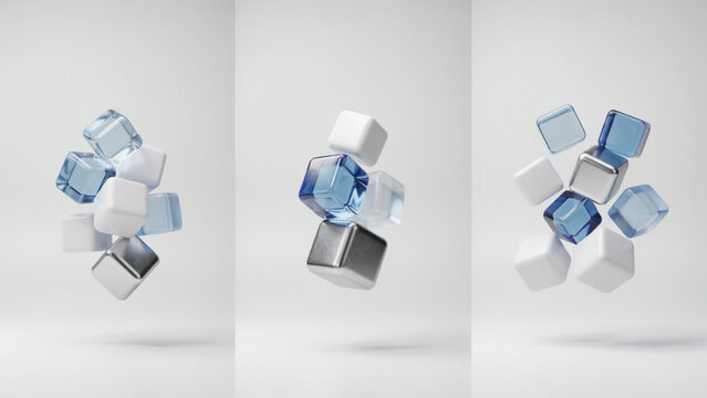 Floating abstract cubes in translucent blue and solid white with metallic silver accents