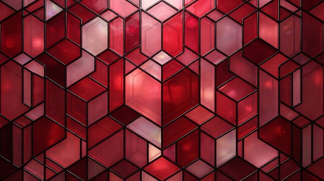 Red stained glass window with a geometric pattern of interlocking hexagonal shapes and dark lead lines in a repeating grid structure