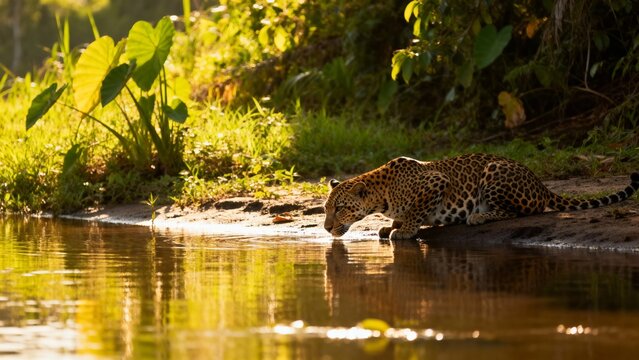 A jaguar drinking water from a riverbank in a lush tropical forest at golden hour
