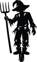 Obraz premium Silhouette of a scarecrow holding a pitchfork against a white background