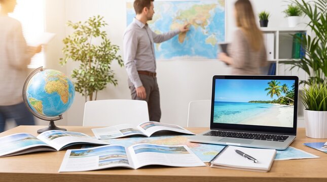 Travel agency office with people planning a vacation using maps and a laptop.