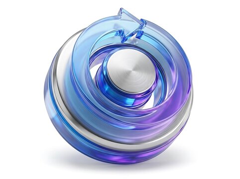 Glossy blue glass arrow spinning around a metallic silver sphere