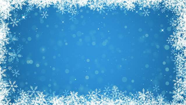 Blue Christmas Snowflake and Glitter Stars Border Frame , Winter Holiday Border with Falling Snow for New Year Celebration and Sale Stream Videos Social media background