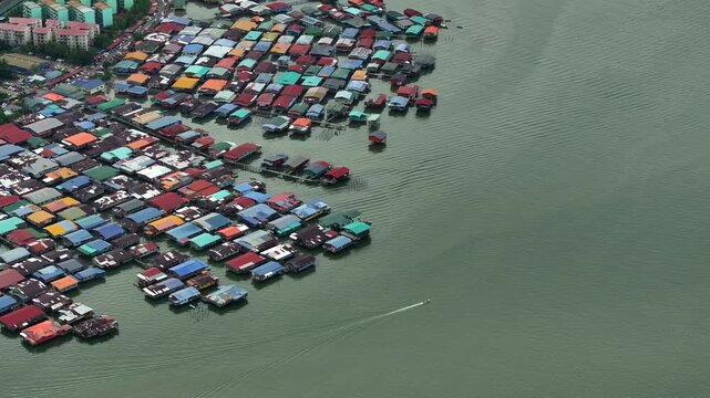 Bajau Laut Floating VIllage. A Huge Town of Sea Gypsies in Sabah, Malaysia. Aerial Shot of Indigenous Asian Nation.