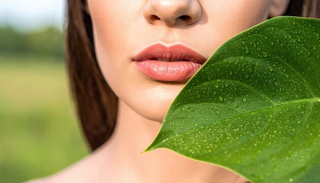 Leaf shaped glossy lips covered with morning dew drops, natural beauty fantasy concept