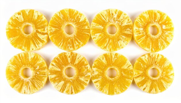 Row of freeze-dried pineapple slices isolated on white background