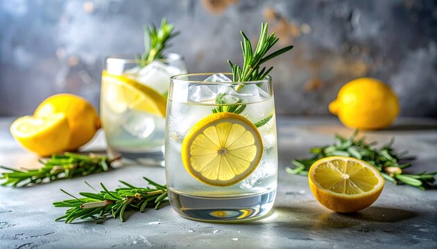 Gin tonic cocktail with rosemary and lemon, luxury summer drink
