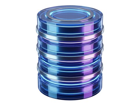 Futuristic digital database storage icon rendered with glossy blue neon lighting