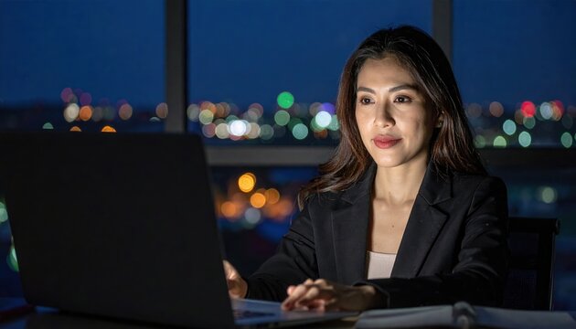 CEO working alone in modern office at night, leadership and ambition concept