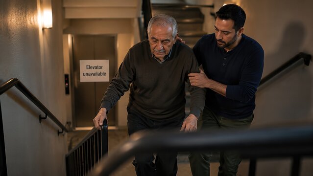 Adult Son Helping Elderly Father Climb Stairs During Elevator Power Outage