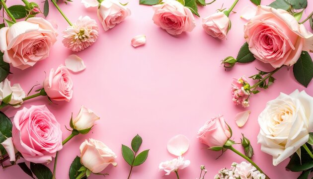 Spring flowers and roses flat lay, pastel pink background, romantic celebration