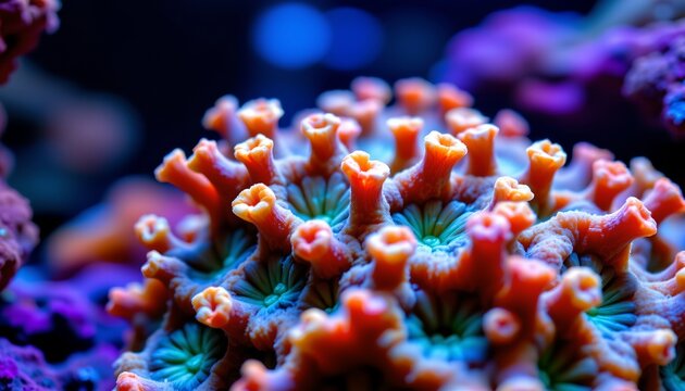 The image features a close up view of a vibrant coral colony with numerous polyps extending outward