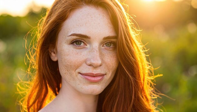 Freckled redhead woman portrait, romantic natural beauty style