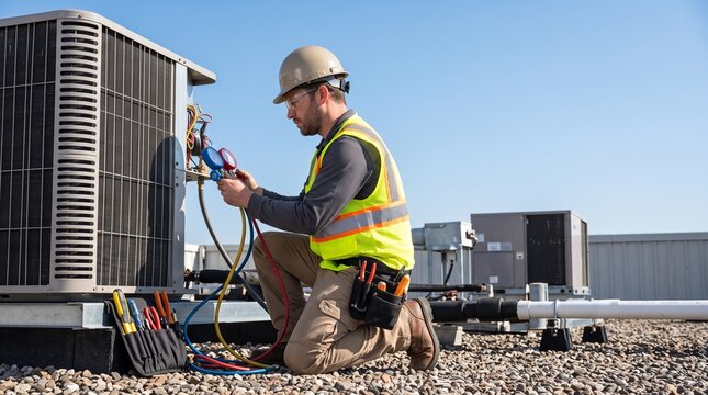 HVAC technician with safety gear repairing commercial rooftop air conditioning unit