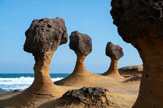 Eroded rock formations resembling mushrooms along a coastal shoreline