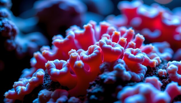 The image features a close up view of vibrant, pinkish coral with intricate, ruffled surface textures. The coral is set against a dark backdrop, highlighting its bright color and detailed structure