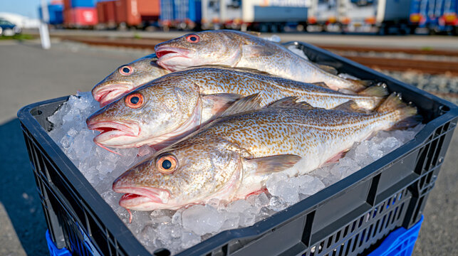 Fresh whole cod arranged on clear ice cubes in a professional seafood crate, railway cargo terminal with refrigerated containers in the background, alternative seafood transportation and supply chai