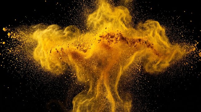 Dynamic explosion of vibrant yellow turmeric powder on a black background