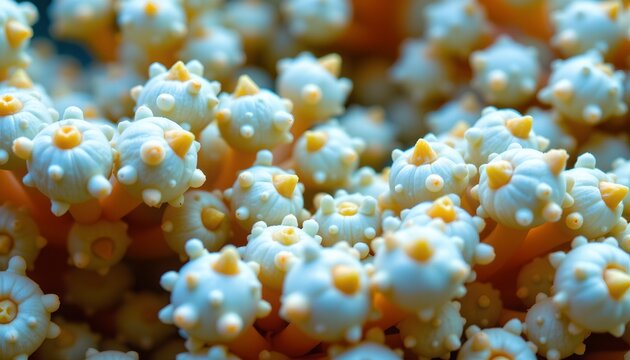 The image features a close up view of numerous small, textured objects that resemble tiny, rounded figures with multiple protrusions
