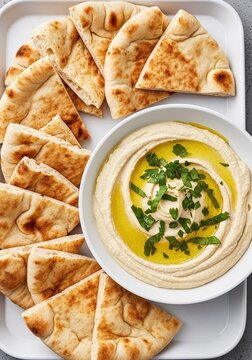 Freshly baked pita bread slices served with a smooth bowl of white bean hummus, garnished with olive oil and fresh green herbs on a tray, cooking, hummus, gourmet