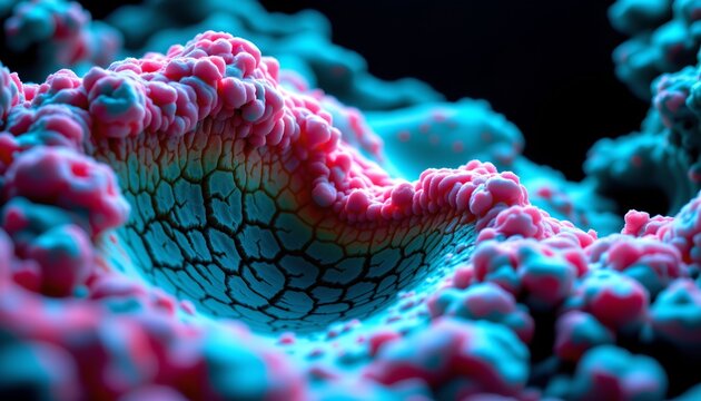 The image depicts a highly detailed, colorful microscopic view of a biological surface, featuring a textured, bumpy pattern with rounded protrusions