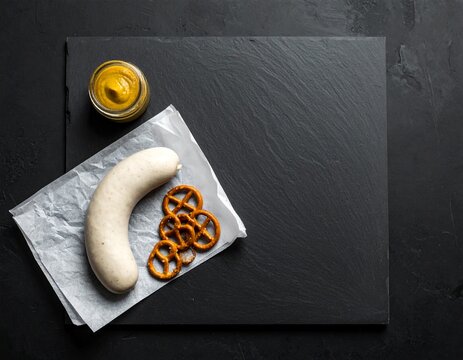German Weisswurst Sausage with Mini Pretzels and Sweet Mustard Top View on Dark Slate