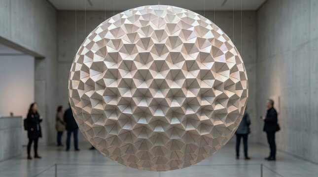 People standing near large geometric spherical art installation isolated on white background