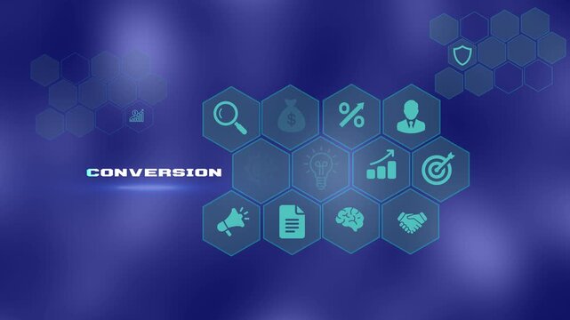 Digital Marketing Conversion Rate Optimization Concept featuring Sales Funnel Analytics, Lead Generation Strategy Icons, Consumer Acquisition, and Corporate Revenue Motion Graphic