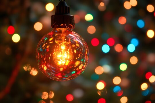 Glowing christmas ornament light bulb with festive bokeh