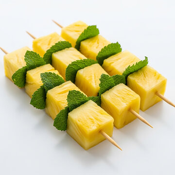 Fresh Pineapple Skewers with Mint: Juicy, bite-sized pineapple chunks threaded onto wooden skewers, garnished with fresh green mint leaves, offering a refreshing and vibrant tropical treat.