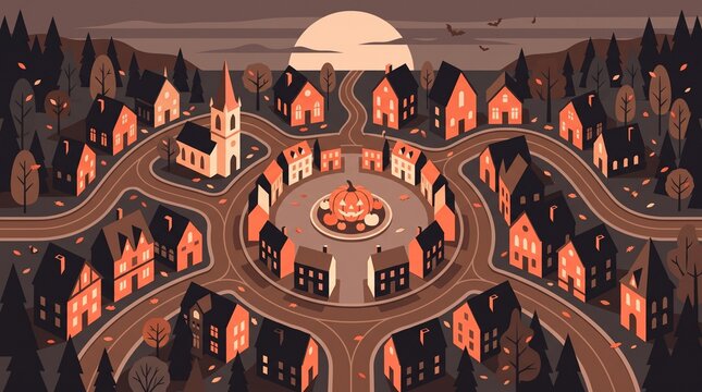 Halloween village illustration, spooky town landscape with pumpkin center, autumn neighborhood under full moon, festive holiday background