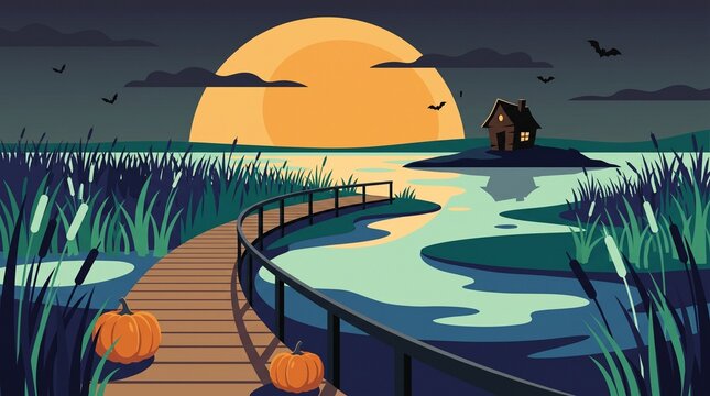 Halloween landscape illustration, spooky night lake with full moon and pumpkins, wooden boardwalk leading to haunted house