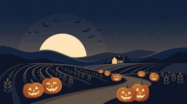 Halloween pumpkin patch landscape, spooky jack o lanterns in autumn field, night farm scene with full moon and bats