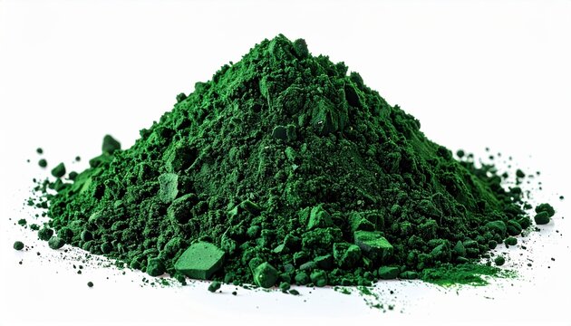 Heap of spirulina algae powder isolated on white background, superfood ingredient, vibrant green color