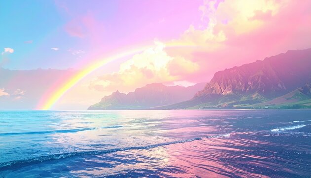 Pastel rainbow landscape with mountains and ocean, dreamy travel background,