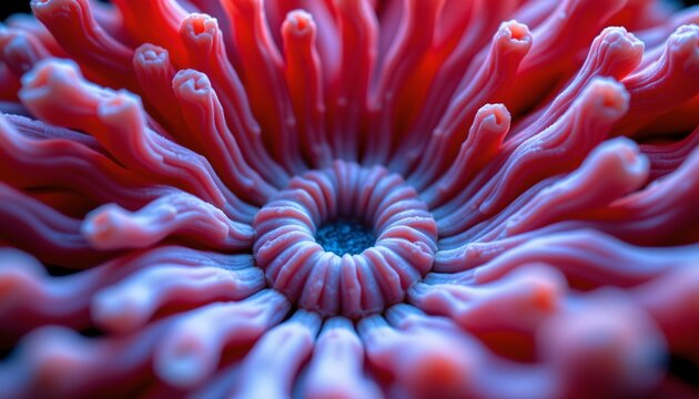 The image depicts a close up view of a vibrant, tubular coral or an anemone with numerous elongated, finger like projections radiating outward from a central, circular opening