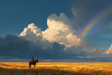 Fototapeta premium A rider on horseback gazes at a surreal sky with a fragmented rainbow over a golden plain