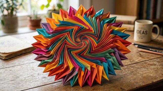 Colorful origami flower on wooden table isolated on white background