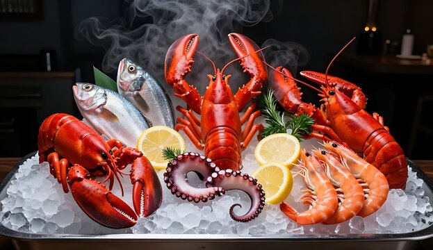 Premium Fresh Seafood Assortment on Crushed Ice Featuring Whole Lobster Octopus Red Prawns and Fish Ready for Fine Dining Restaurant Menu