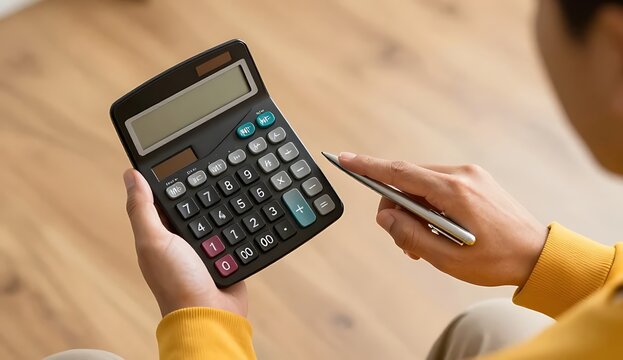 Person Holding Black Electronic Calculator and Metal Pen Calculating Budget Expenses and Financial Planning While Sitting on Wooden Floor