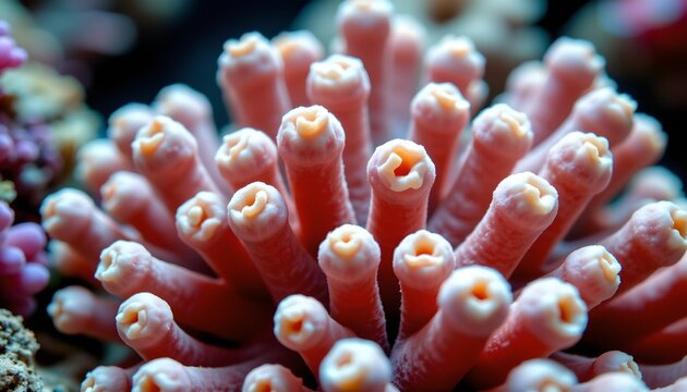 The image depicts a close up view of a cluster of coral polyps with numerous finger like projections extending outward