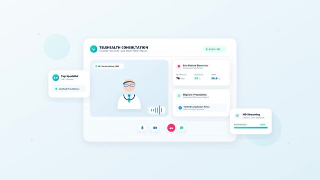 Telemedicine and online pharmacy animation with secure medical icons on clean blue background